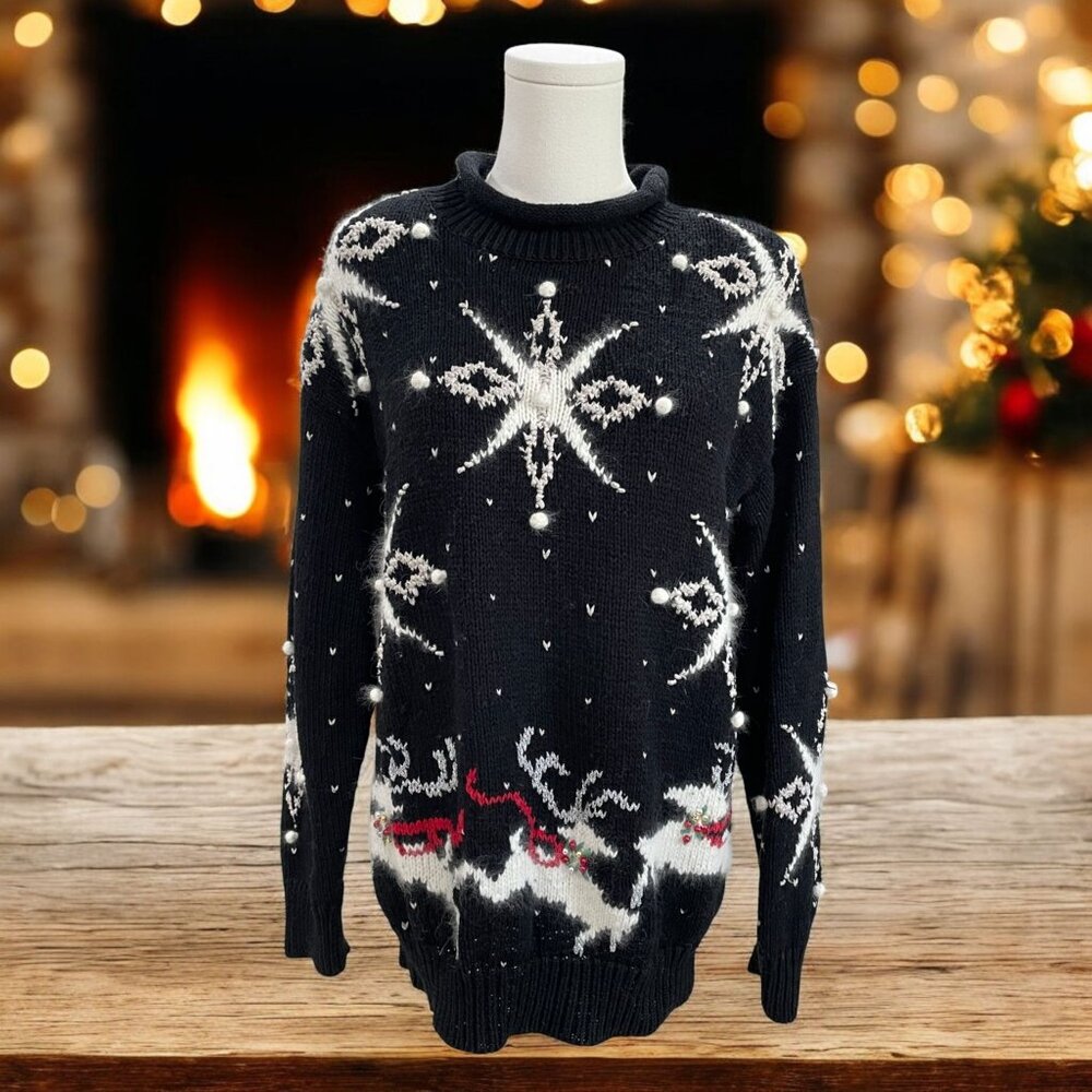 Lauren Hansen Hand Knit Christmas Sweater‎ Reindeer Winter Snowflake Holiday S